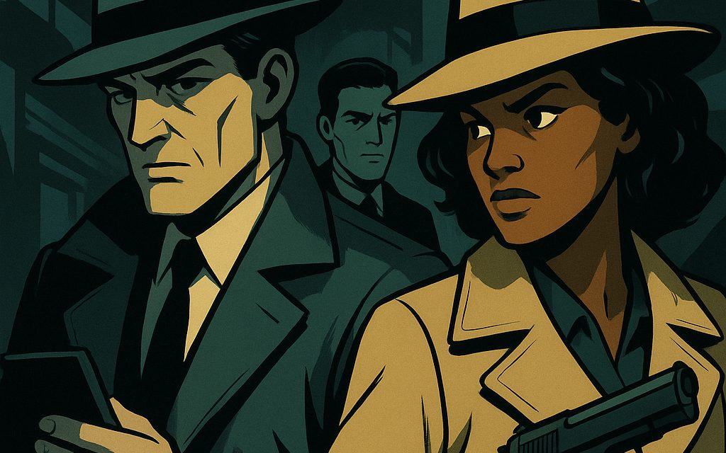 Noir comic-style illustration: three diverse spies, including a woman, in a moody city scene